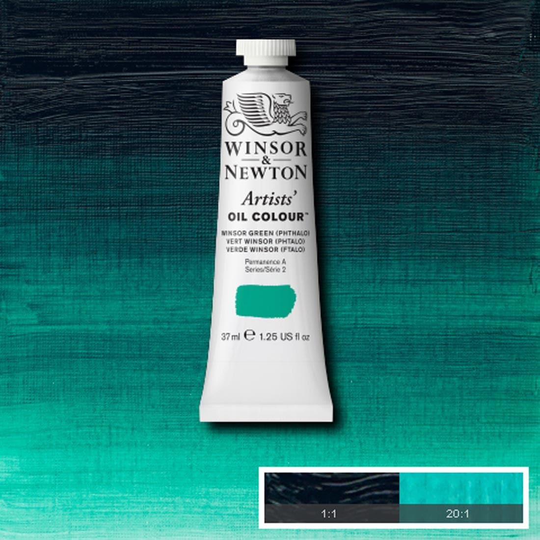 Tube of Winsor Green (Phthalo) Winsor & Newton Artists' Oil Colour with a paint swatch for the background