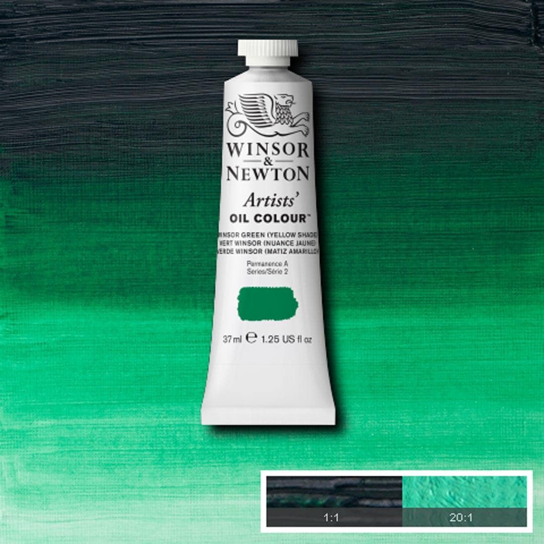 Tube of Winsor Green (Yellow Shade) Winsor & Newton Artists' Oil Colour with a paint swatch for the background