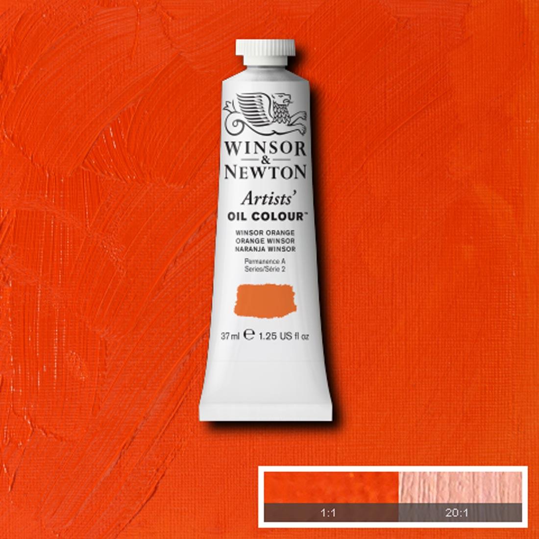 Tube of Winsor Orange Winsor & Newton Artists' Oil Colour with a paint swatch for the background