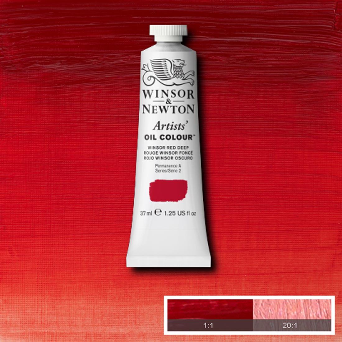 Tube of Winsor Red Deep Winsor & Newton Artists' Oil Colour with a paint swatch for the background