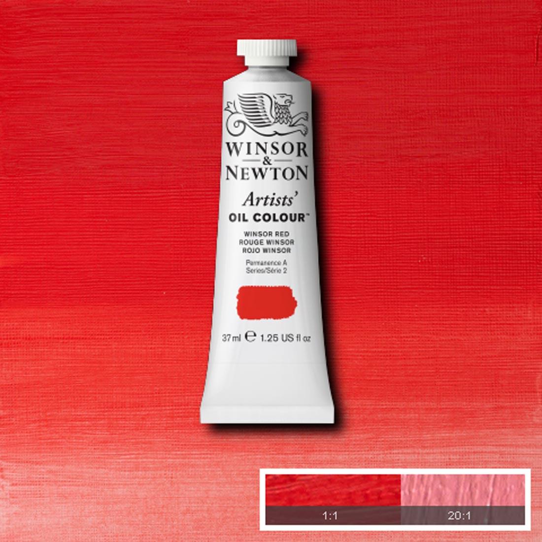Tube of Winsor Red Winsor & Newton Artists' Oil Colour with a paint swatch for the background