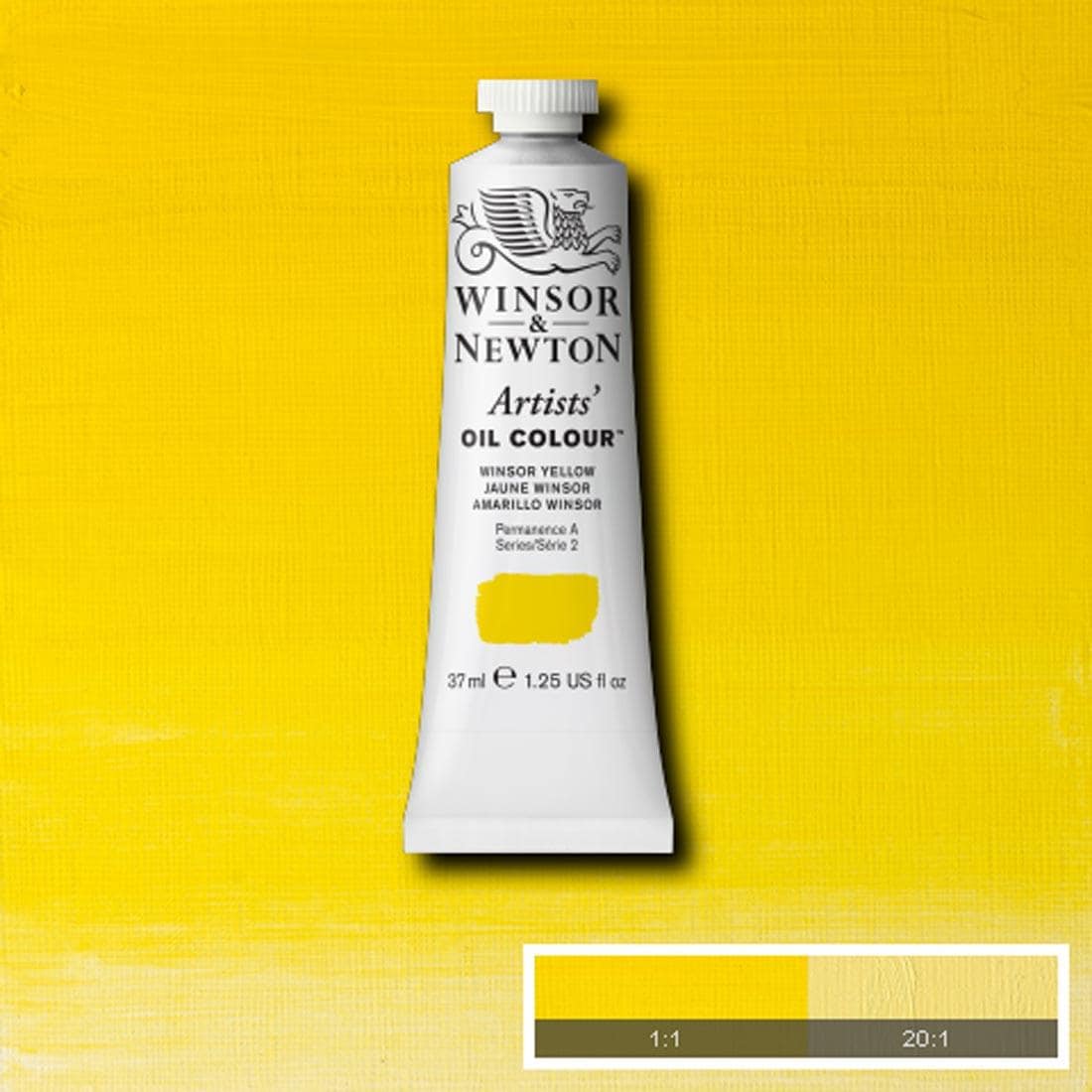 Tube of Winsor Yellow Winsor & Newton Artists' Oil Colour with a paint swatch for the background