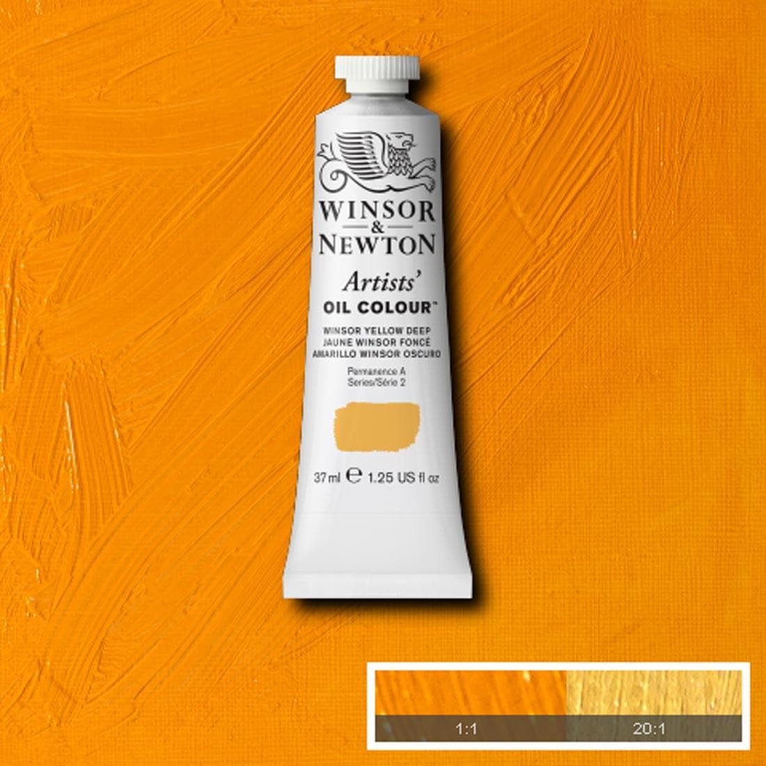 Tube of Winsor Yellow Deep Winsor & Newton Artists' Oil Colour with a paint swatch for the background