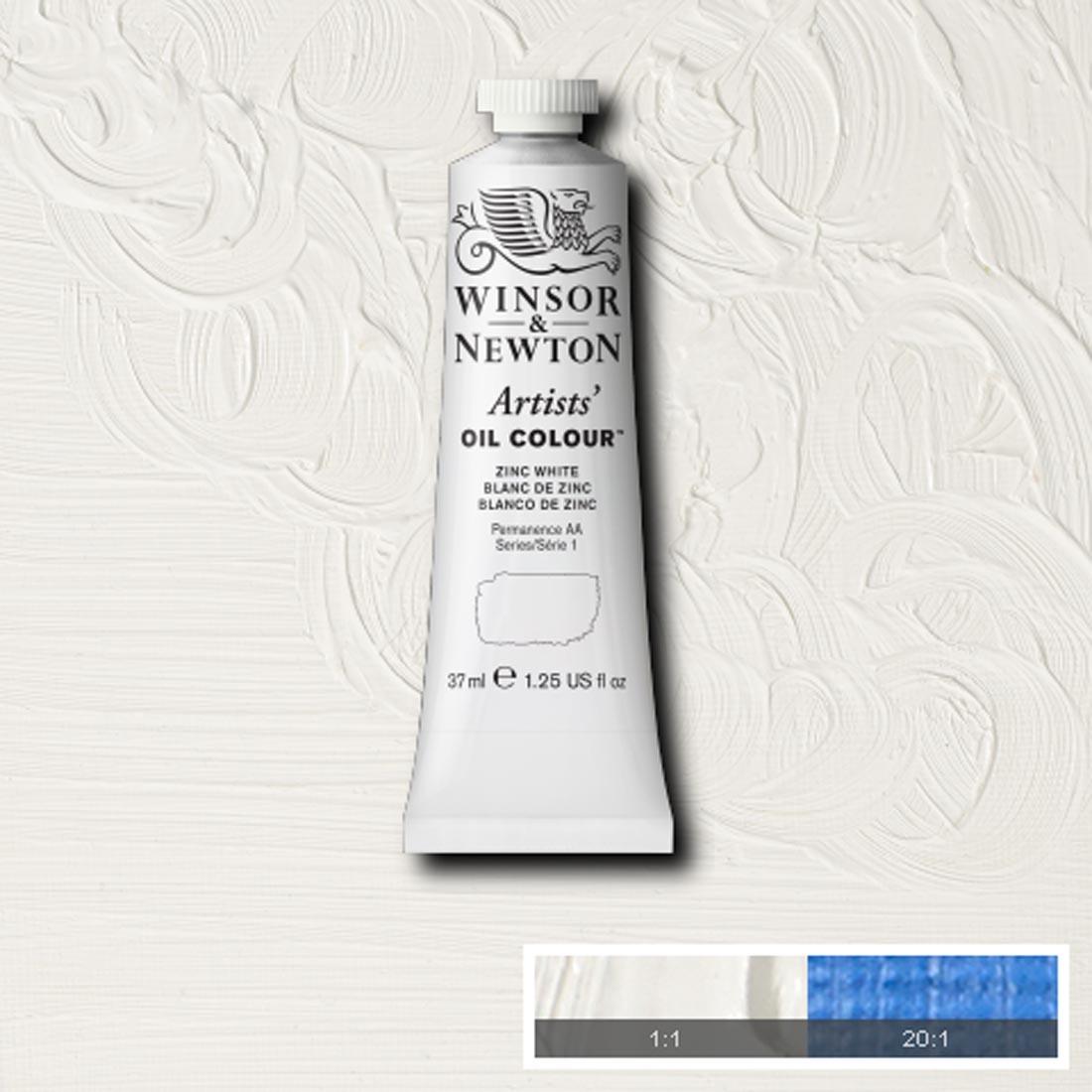 Tube of Zinc White Winsor & Newton Artists' Oil Colour with a paint swatch for the background