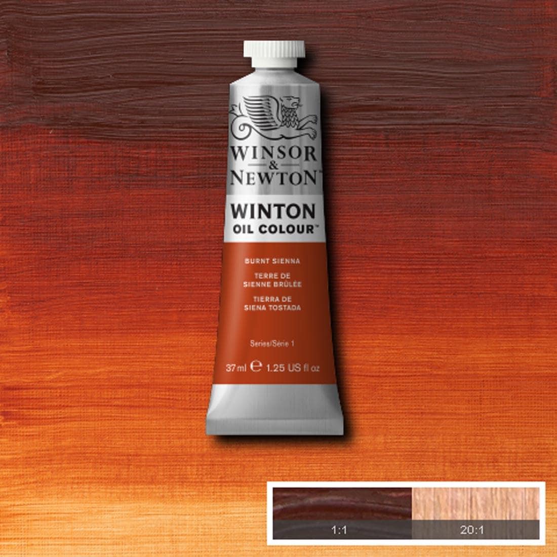 Tube of Burnt Sienna Winsor & Newton Winton Oil Colour with a paint swatch for the background