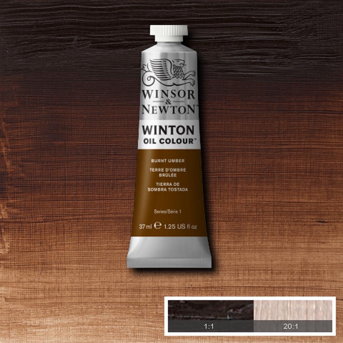 Tube of Burnt Umber Winsor & Newton Winton Oil Colour with a paint swatch for the background