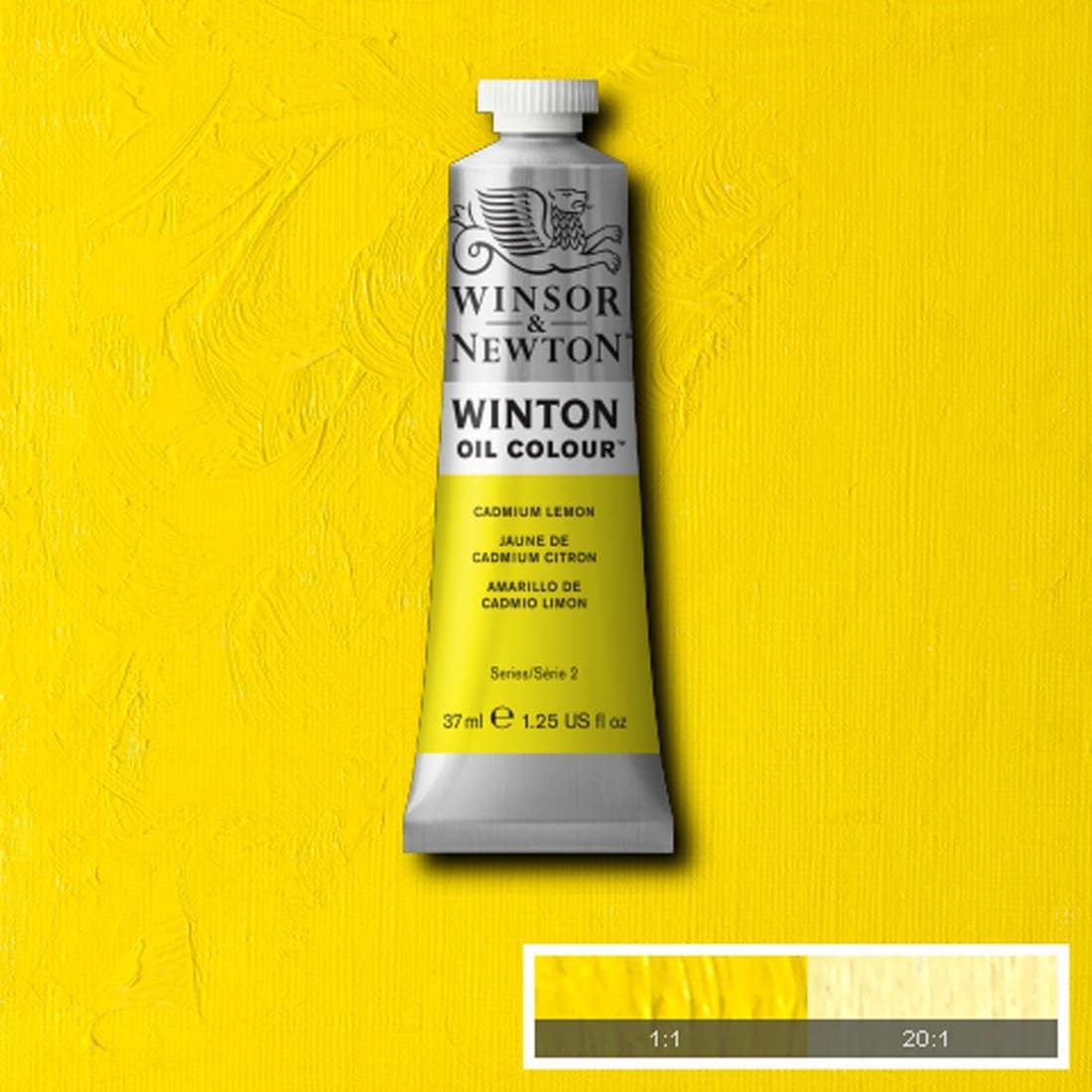 Tube of Cadmium Lemon Winsor & Newton Winton Oil Colour with a paint swatch for the background