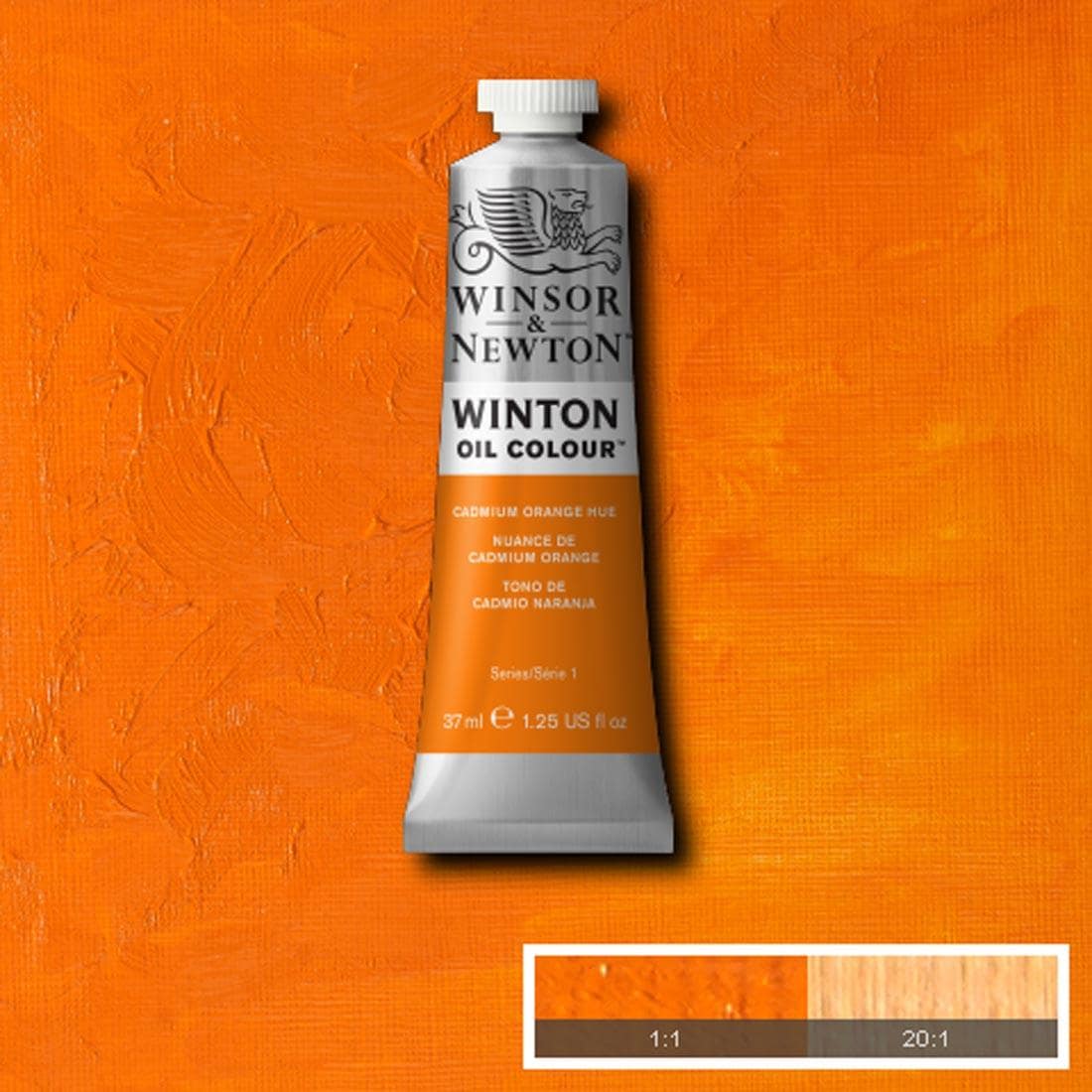 Tube of Cadmium Orange Hue Winsor & Newton Winton Oil Colour with a paint swatch for the background