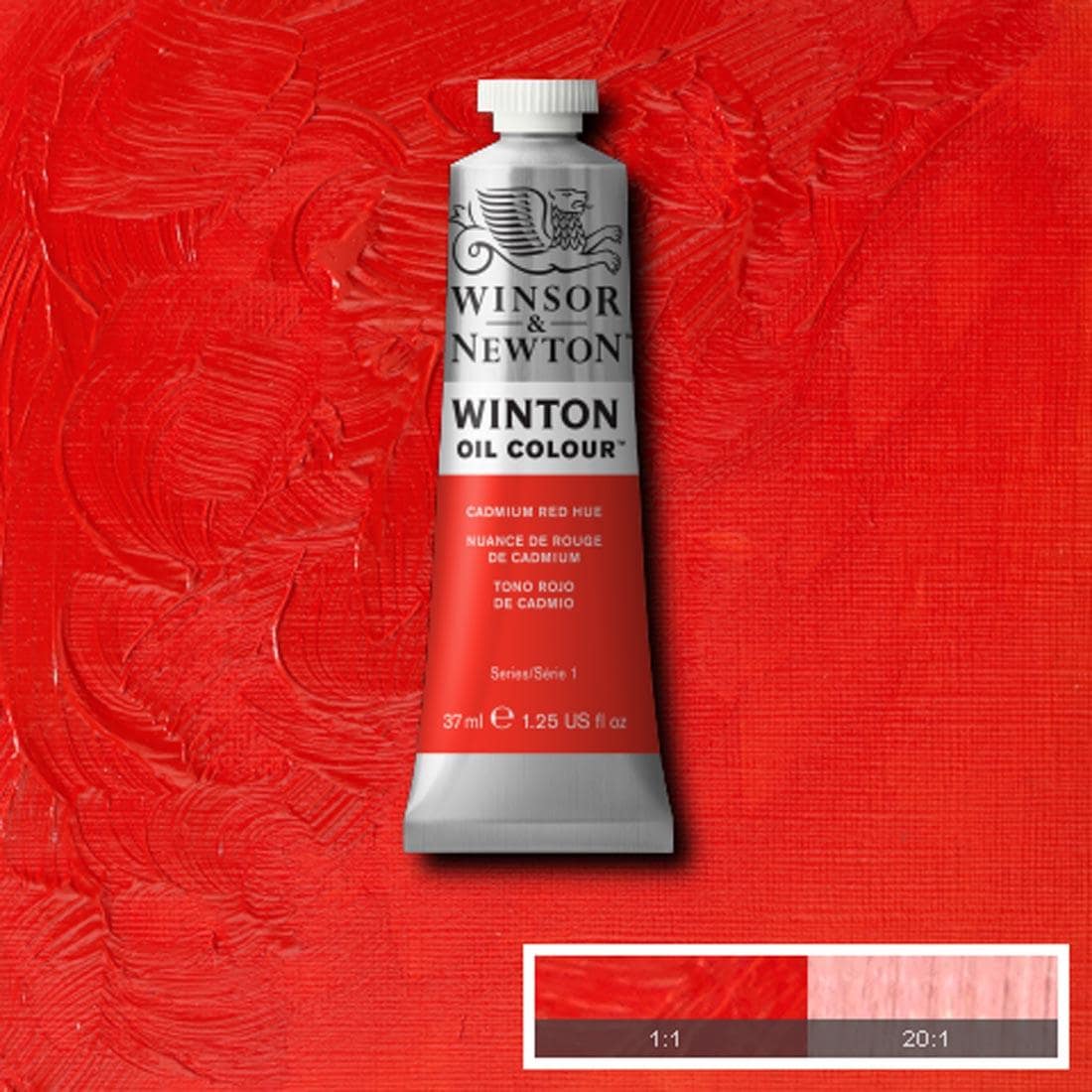 Tube of Cadmium Red Hue Winsor & Newton Winton Oil Colour with a paint swatch for the background