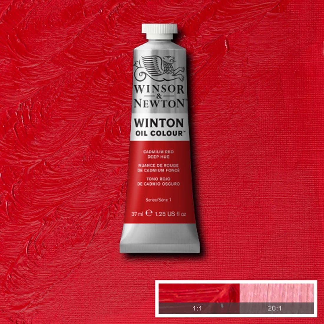 Tube of Cadmium Red Deep Hue Winsor & Newton Winton Oil Colour with a paint swatch for the background