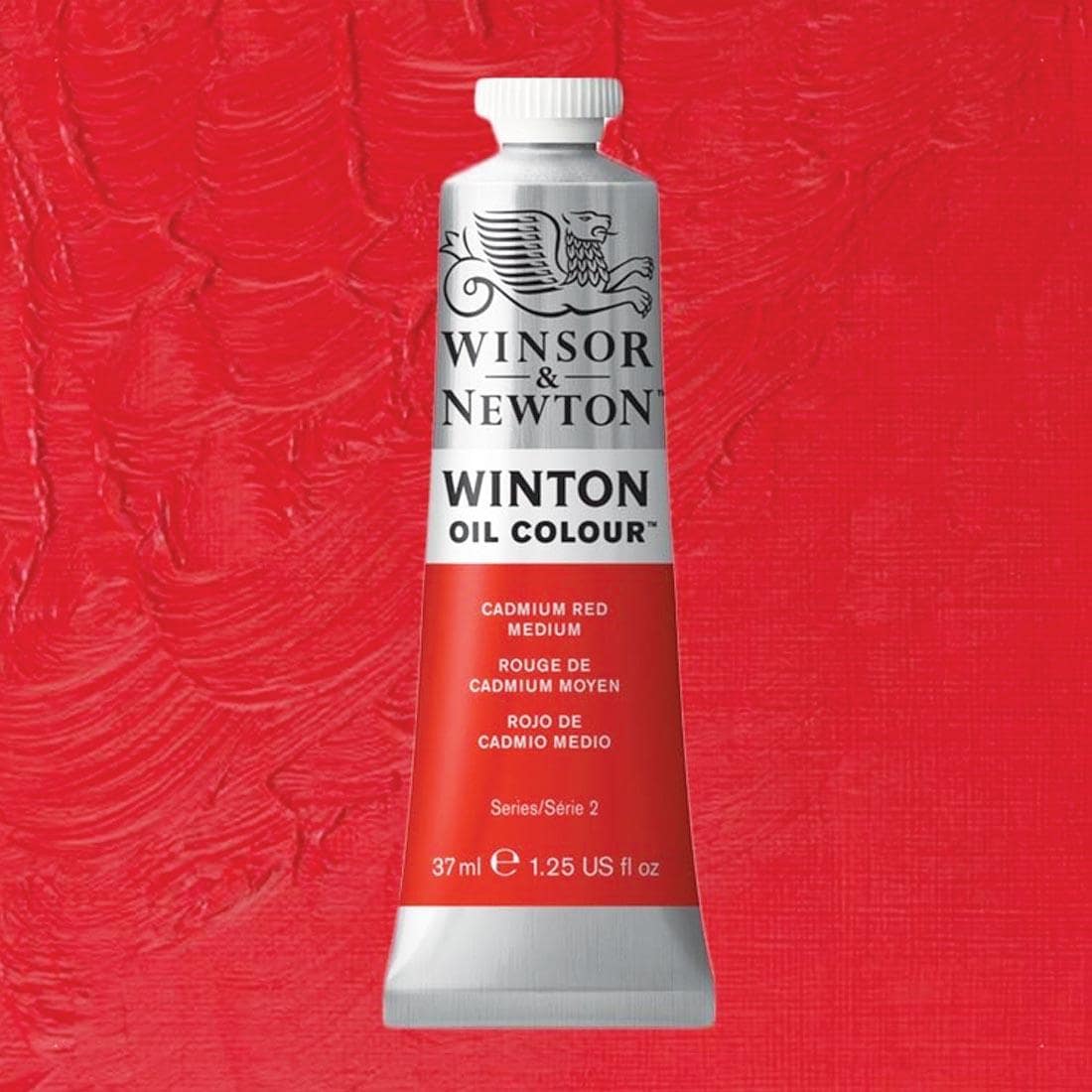 Tube of Cadmium Red Medium Winsor & Newton Winton Oil Colour with a paint swatch for the background