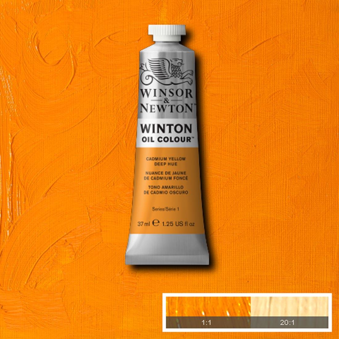 Tube of Cadmium Yellow Deep Hue Winsor & Newton Winton Oil Colour with a paint swatch for the background