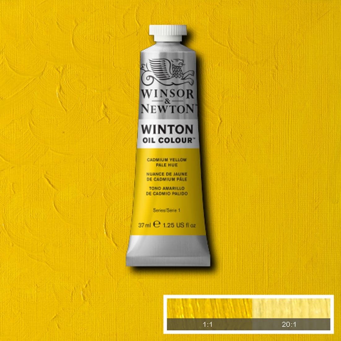 Tube of Cadmium Yellow Pale Hue Winsor & Newton Winton Oil Colour with a paint swatch for the background