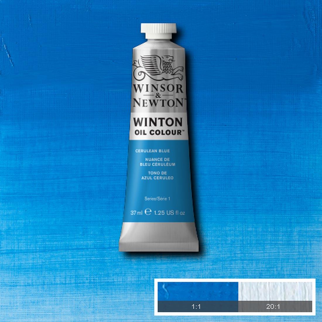 Tube of Cerulean Blue Winsor & Newton Winton Oil Colour with a paint swatch for the background