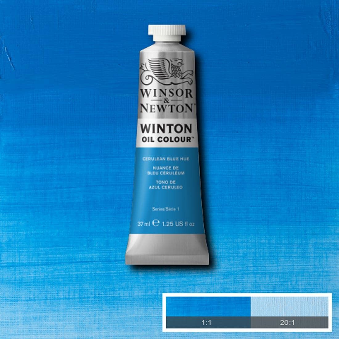 Tube of Cerulean Blue Hue Winsor & Newton Winton Oil Colour with a paint swatch for the background