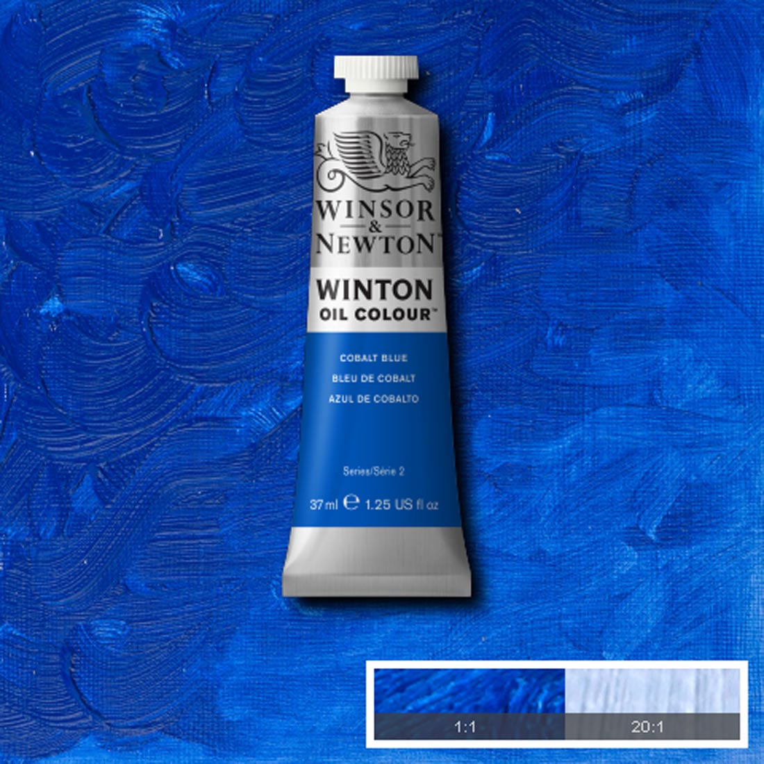 Tube of Cobalt Blue Winsor & Newton Winton Oil Colour with a paint swatch for the background