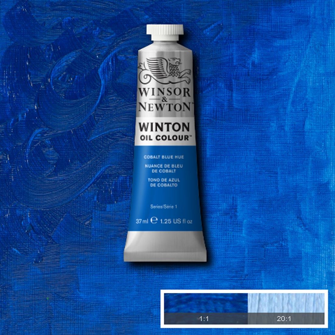 Tube of Cobalt Blue Hue Winsor & Newton Winton Oil Colour with a paint swatch for the background