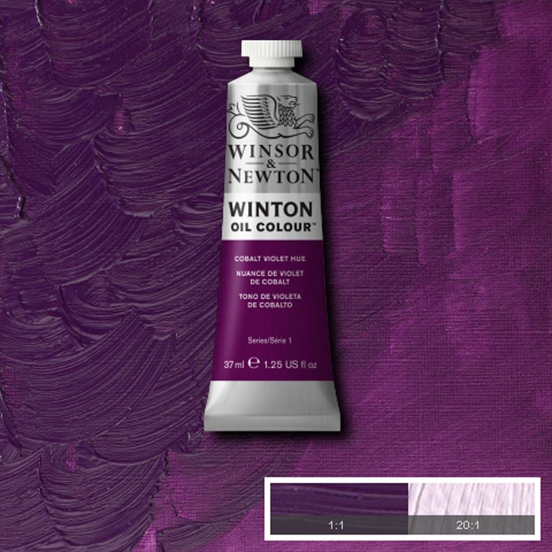 Tube of Cobalt Violet Hue Winsor & Newton Winton Oil Colour with a paint swatch for the background