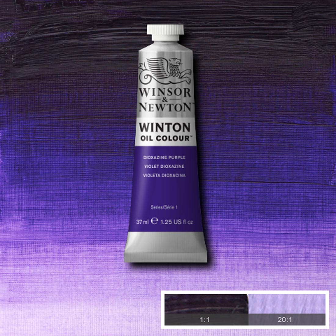 Tube of Dioxazine Purple Winsor & Newton Winton Oil Colour with a paint swatch for the background