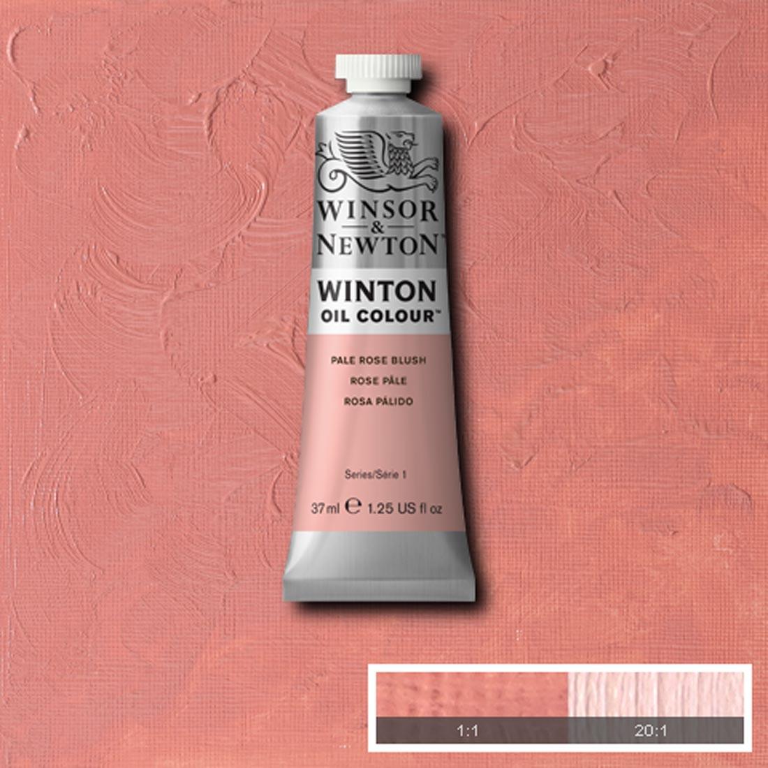 Tube of Pale Rose Blush Winsor & Newton Winton Oil Colour with a paint swatch for the background