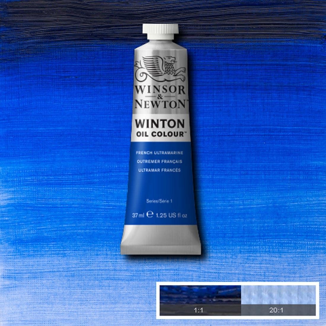 Tube of French Ultramarine Winsor & Newton Winton Oil Colour with a paint swatch for the background