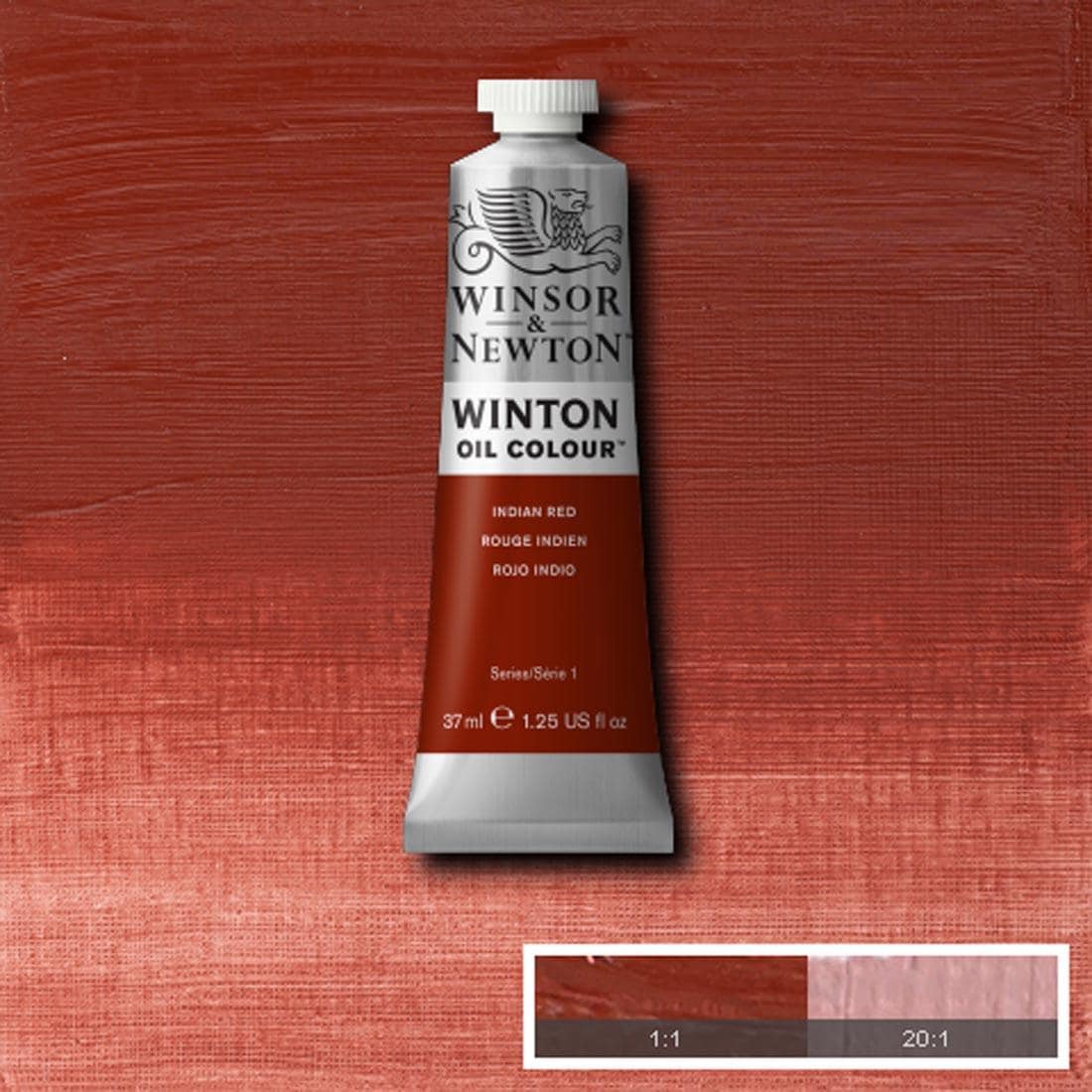 Tube of Indian Red Winsor & Newton Winton Oil Colour with a paint swatch for the background