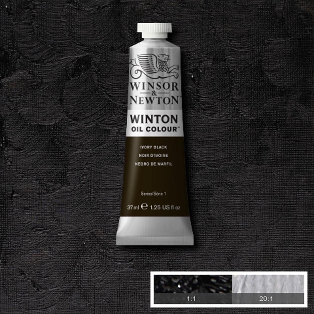 Tube of Ivory Black Winsor & Newton Winton Oil Colour with a paint swatch for the background