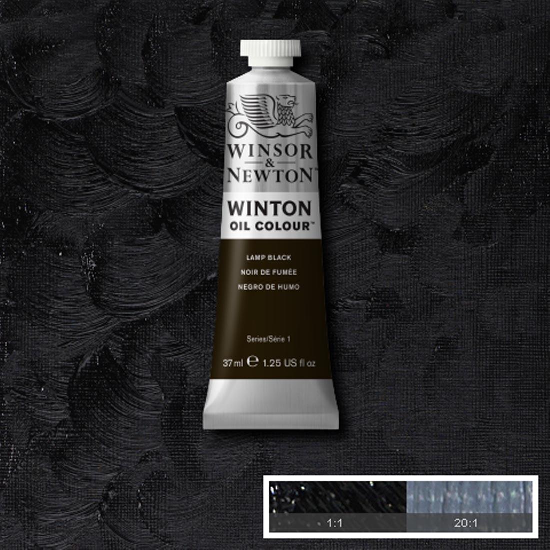 Tube of Lamp Black Winsor & Newton Winton Oil Colour with a paint swatch for the background