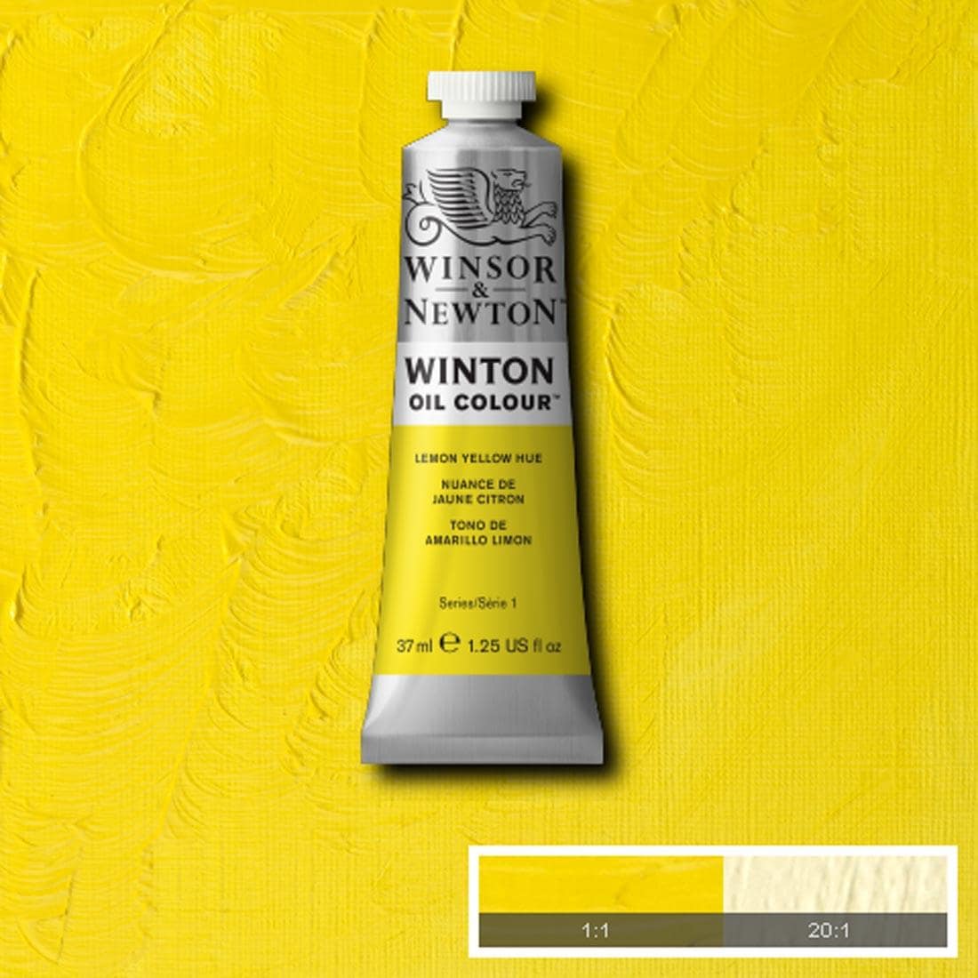 Tube of Lemon Yellow Hue Winsor & Newton Winton Oil Colour with a paint swatch for the background