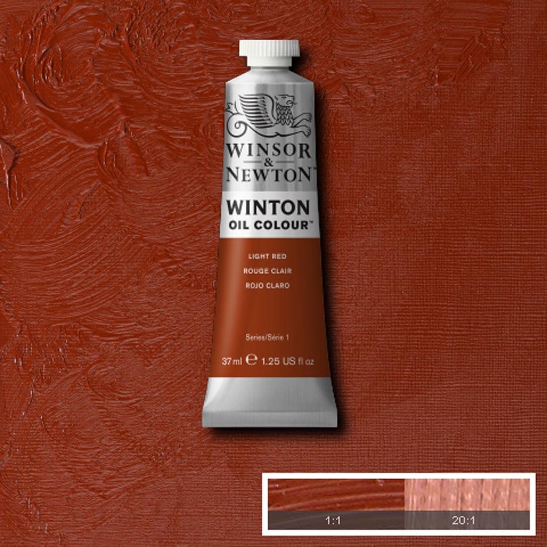 Tube of Light Red Winsor & Newton Winton Oil Colour with a paint swatch for the background