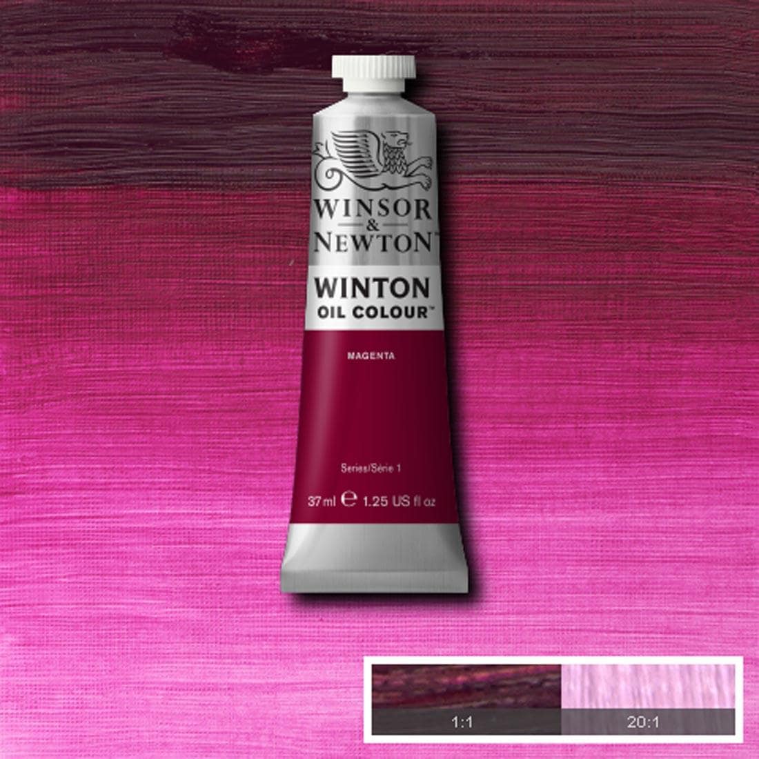 Tube of Magenta Winsor & Newton Winton Oil Colour with a paint swatch for the background