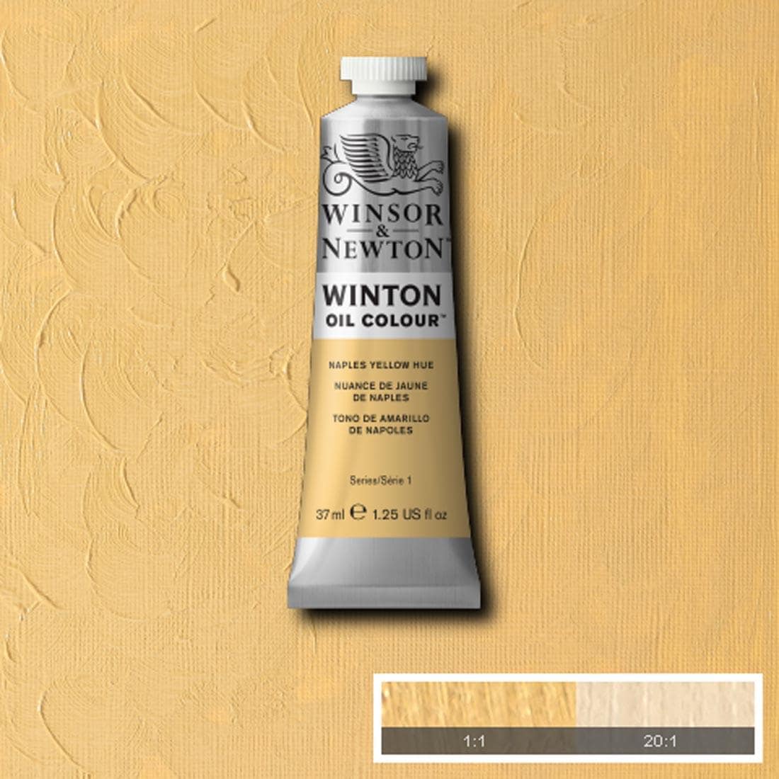 Tube of Naples Yellow Hue Winsor & Newton Winton Oil Colour with a paint swatch for the background
