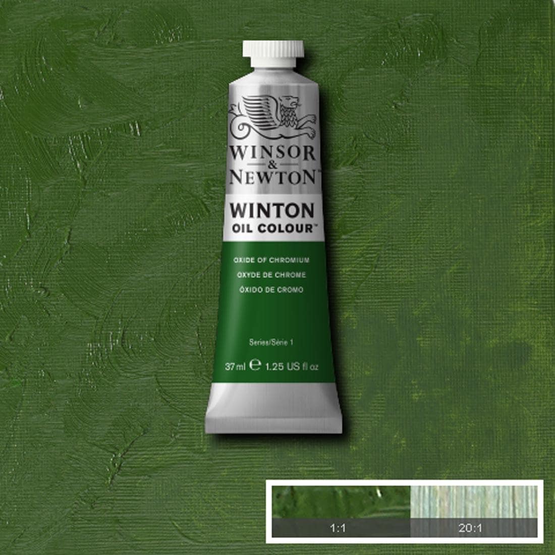 Tube of Oxide Of Chromium Winsor & Newton Winton Oil Colour with a paint swatch for the background