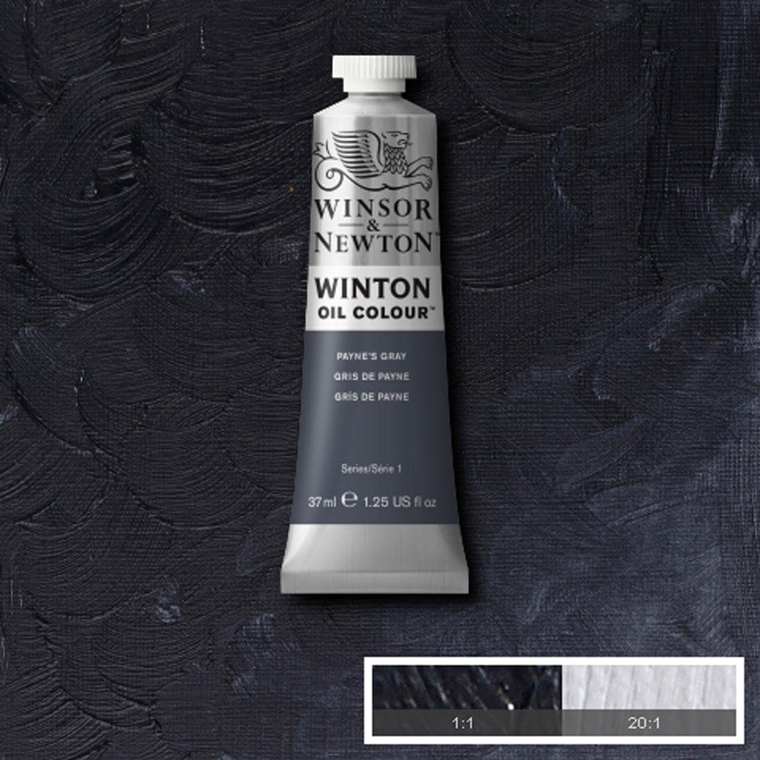 Tube of Payne's Gray Winsor & Newton Winton Oil Colour with a paint swatch for the background