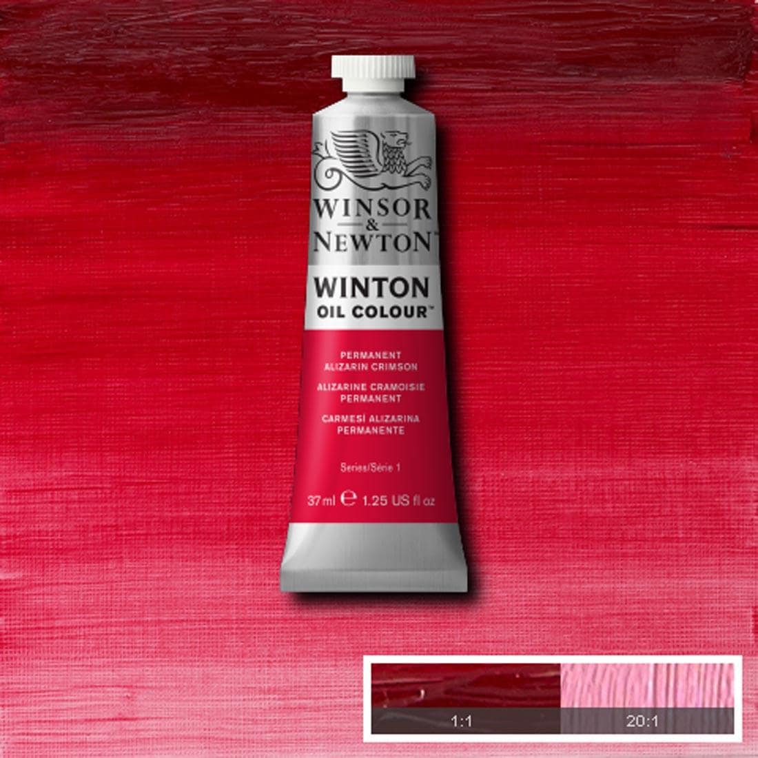 Tube of Permanent Alizarin Crimson Winsor & Newton Winton Oil Colour with a paint swatch for the background