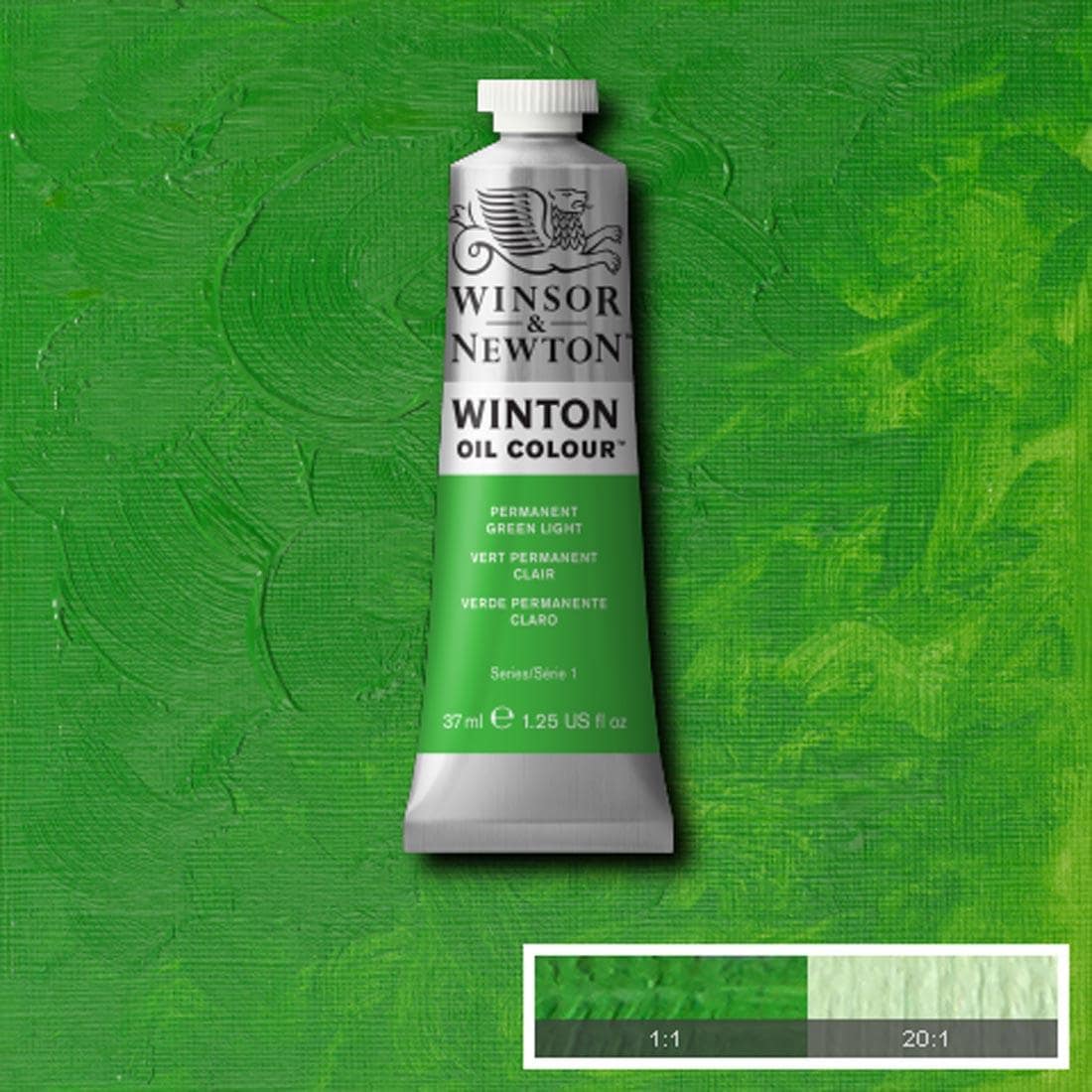 Tube of Permanent Green Light Winsor & Newton Winton Oil Colour with a paint swatch for the background