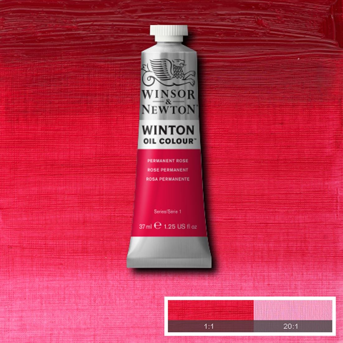 Tube of Permanent Rose Winsor & Newton Winton Oil Colour with a paint swatch for the background