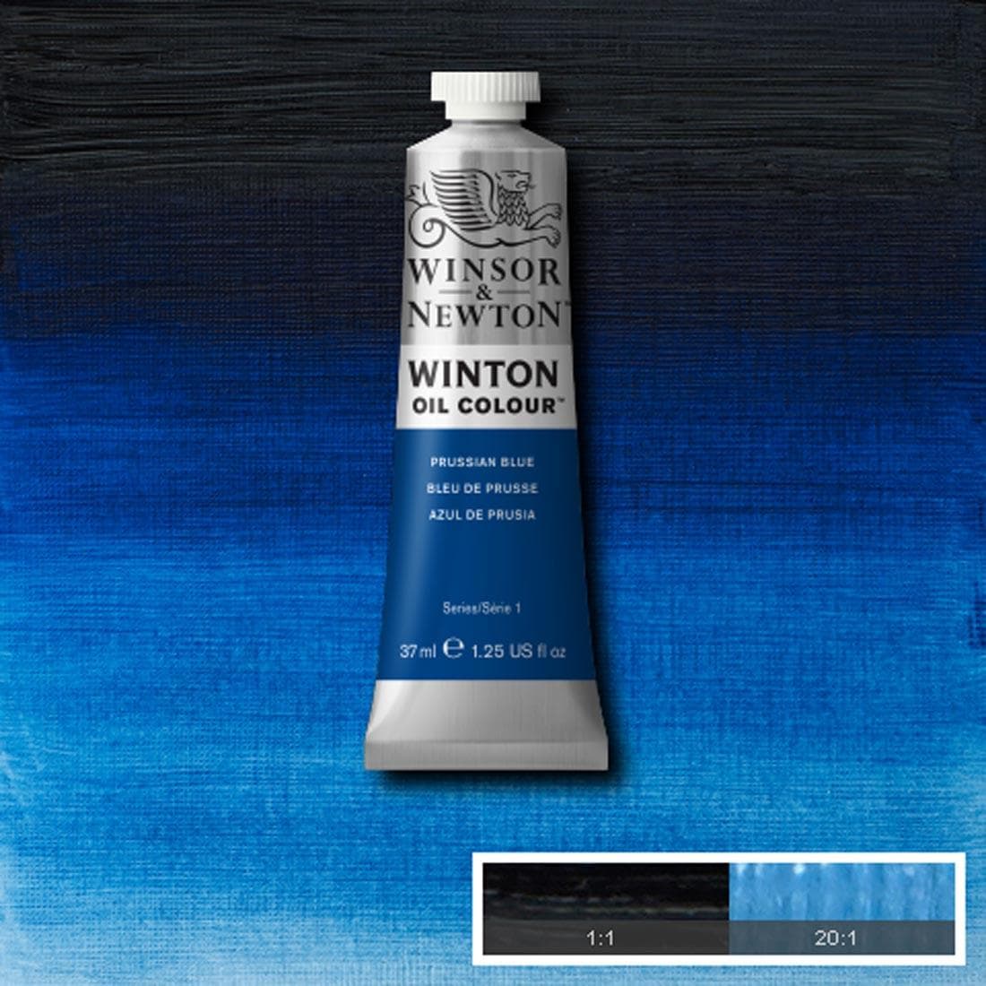 Tube of Prussian Blue Winsor & Newton Winton Oil Colour with a paint swatch for the background