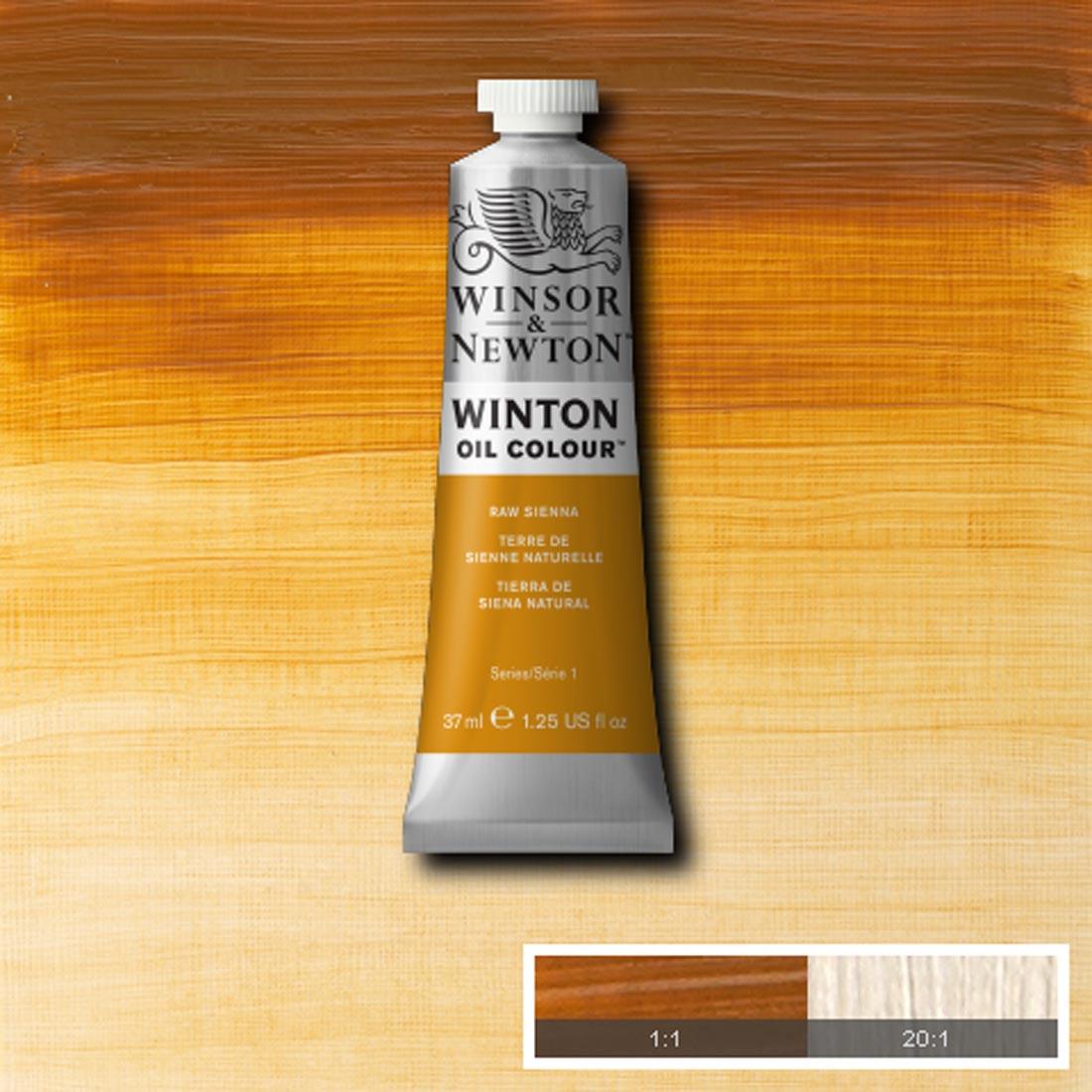 Tube of Raw Sienna Winsor & Newton Winton Oil Colour with a paint swatch for the background