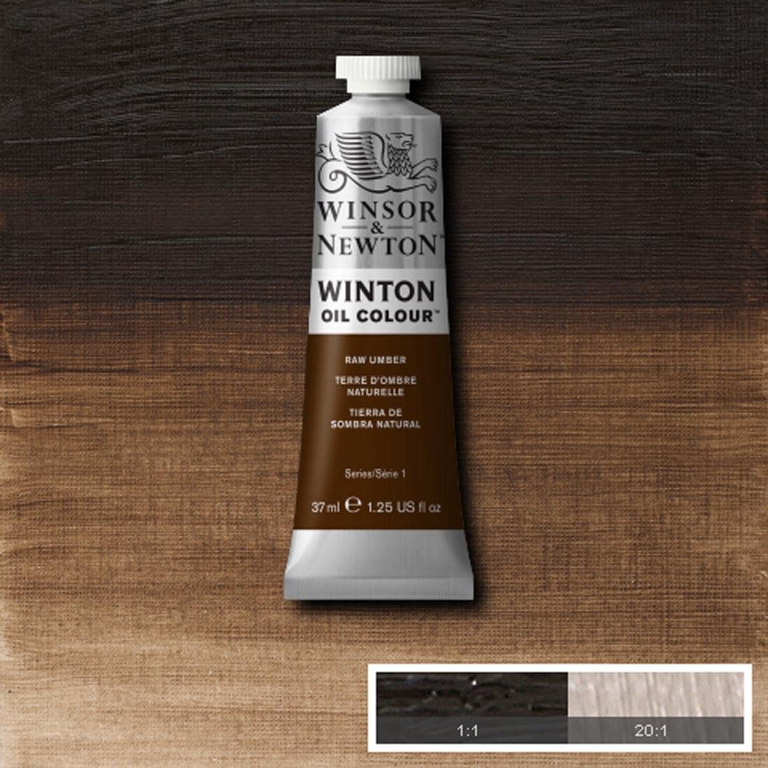 Tube of Raw Umber Winsor & Newton Winton Oil Colour with a paint swatch for the background