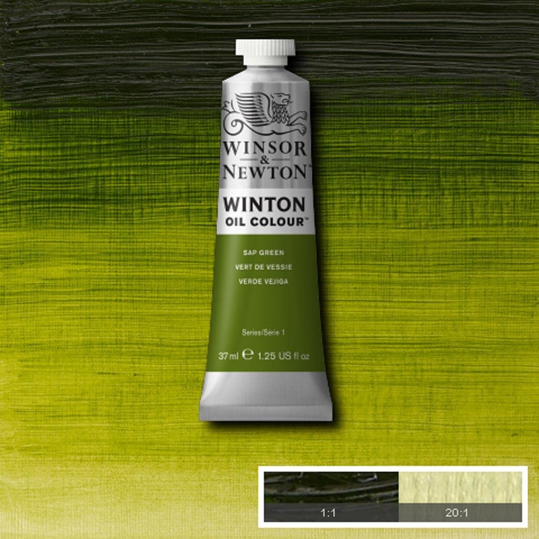 Tube of Sap Green Winsor & Newton Winton Oil Colour with a paint swatch for the background