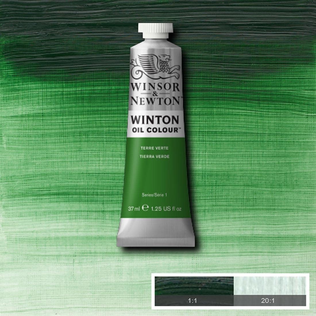 Tube of Terre Verte Winsor & Newton Winton Oil Colour with a paint swatch for the background