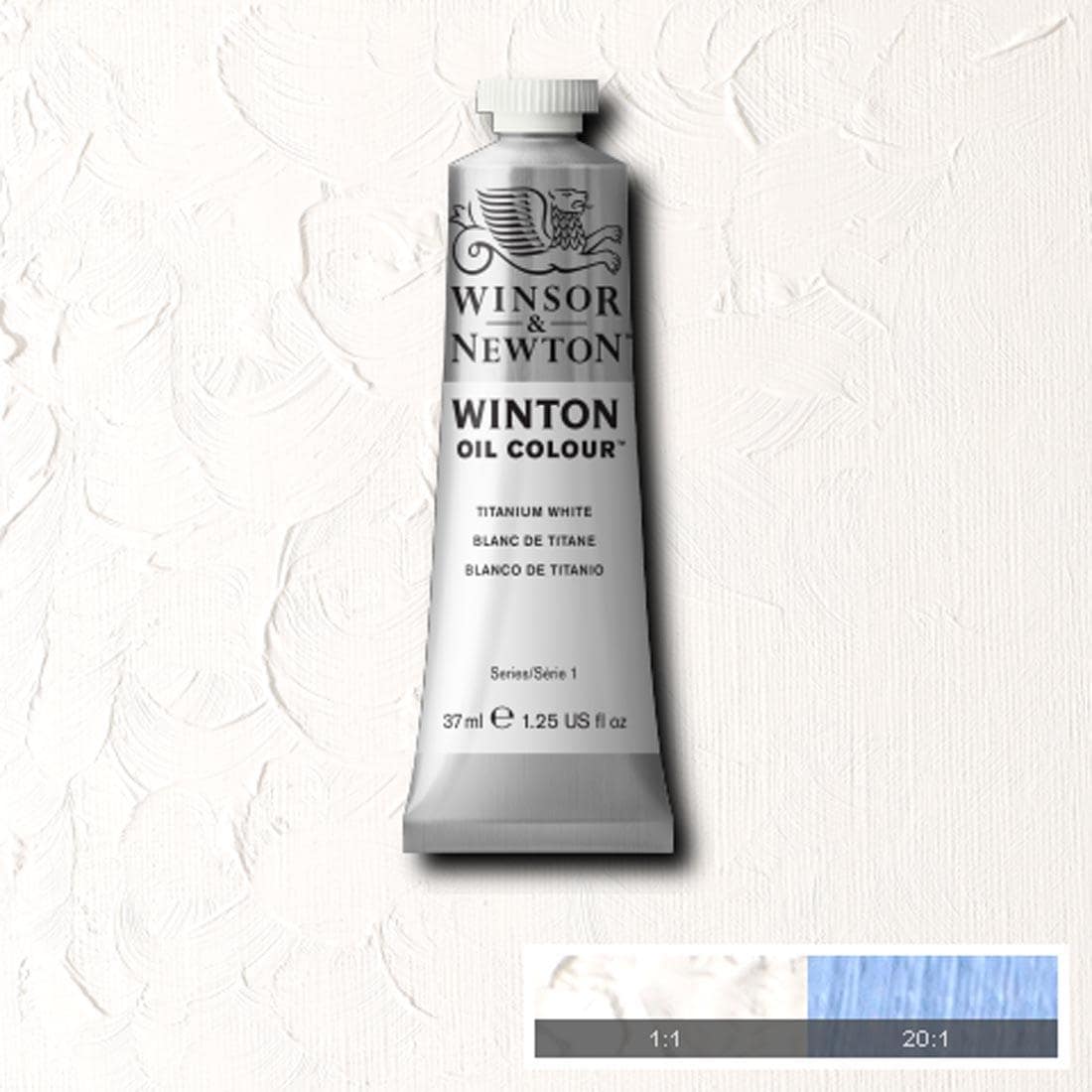 Tube of Titanium White Winsor & Newton Winton Oil Colour with a paint swatch for the background