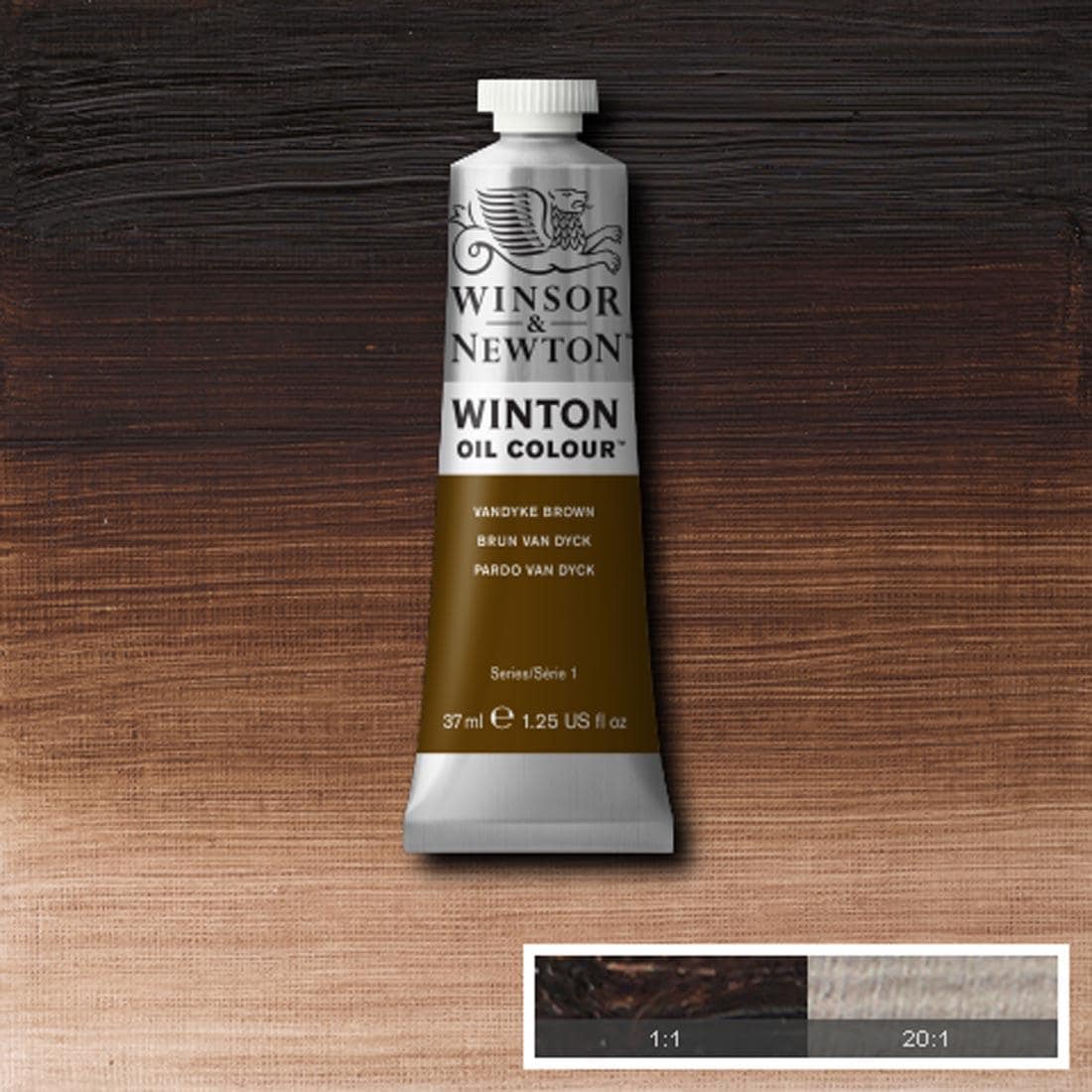 Tube of Vandyke Brown Winsor & Newton Winton Oil Colour with a paint swatch for the background