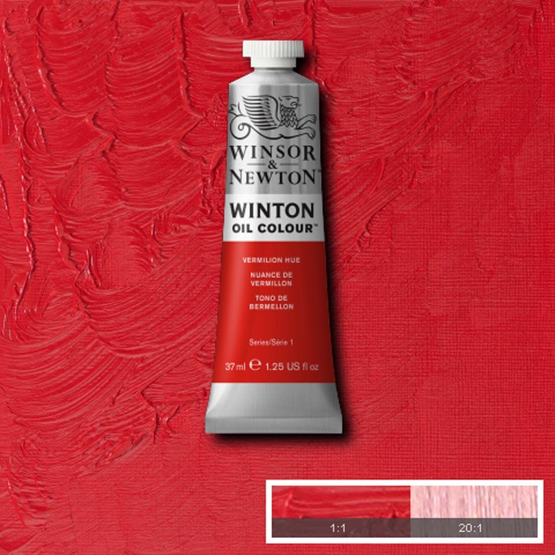 Tube of Vermilion Hue Winsor & Newton Winton Oil Colour with a paint swatch for the background