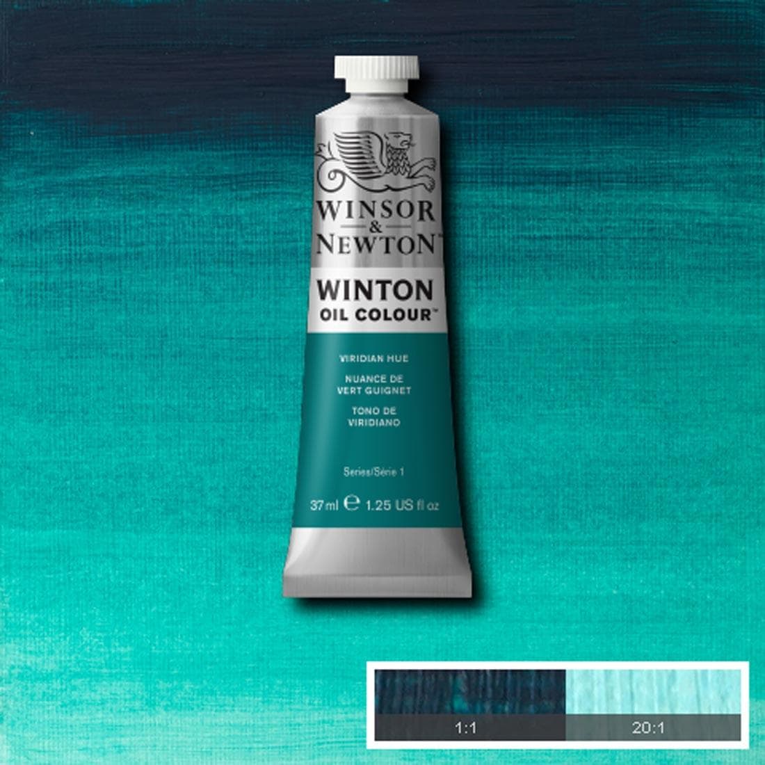 Tube of Viridian Hue Winsor & Newton Winton Oil Colour with a paint swatch for the background