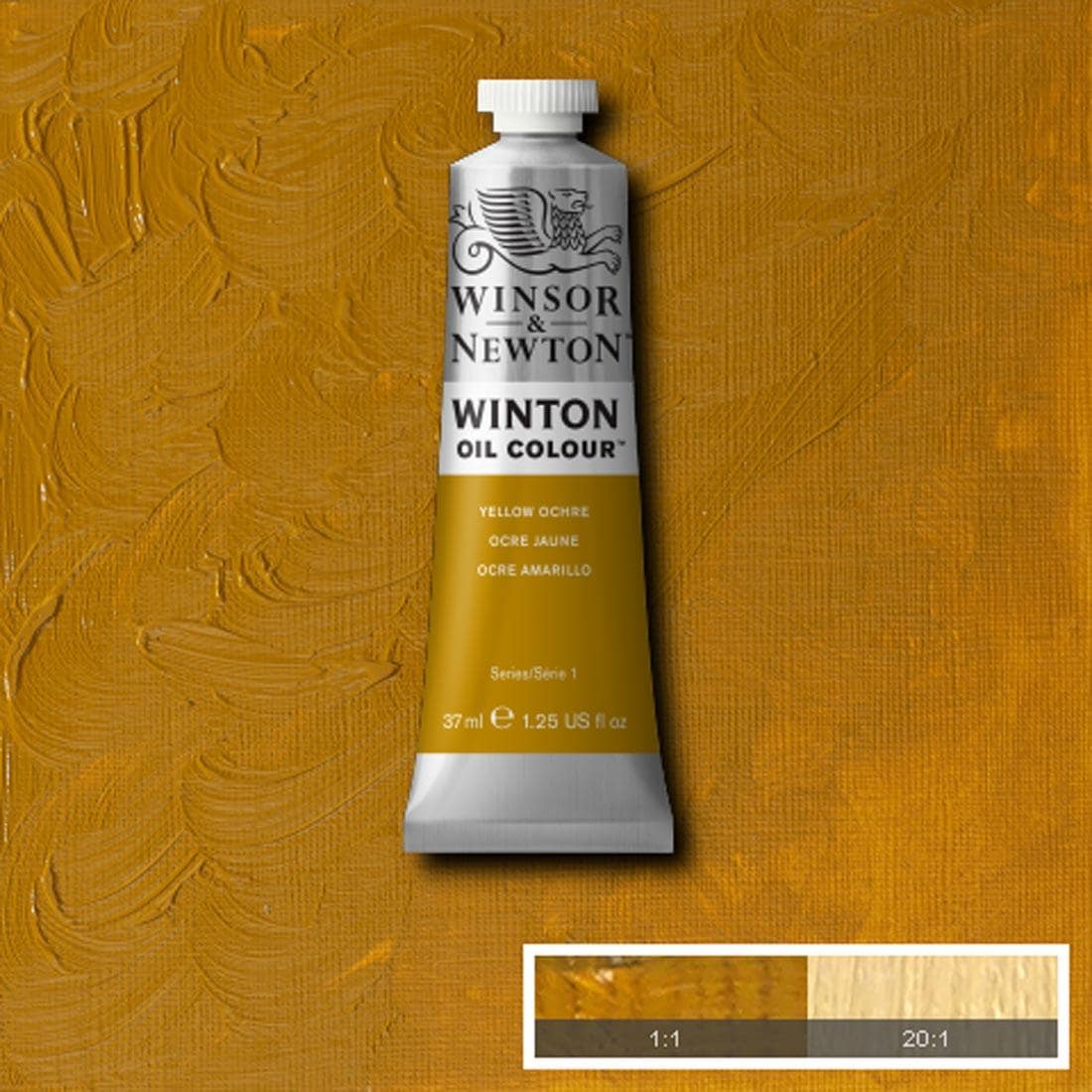 Tube of Yellow Ochre Winsor & Newton Winton Oil Colour with a paint swatch for the background