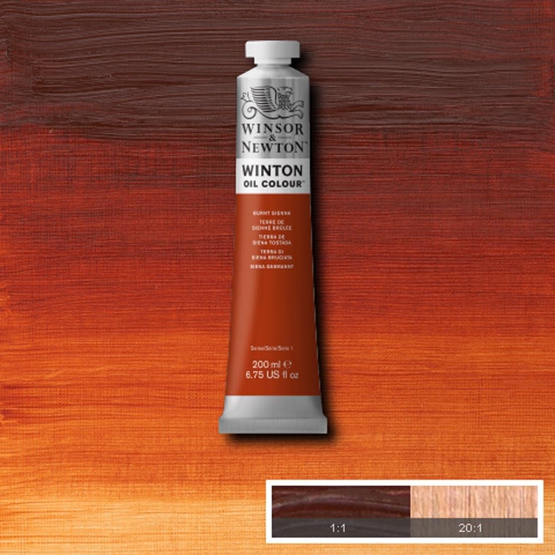 Tube of Burnt Sienna Winsor & Newton Winton Oil Colour with a paint swatch for the background