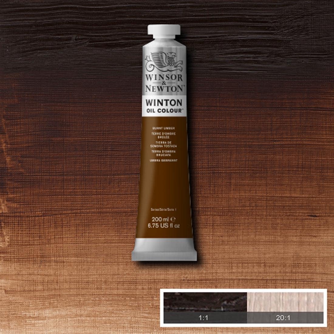 Tube of Burnt Umber Winsor & Newton Winton Oil Colour with a paint swatch for the background