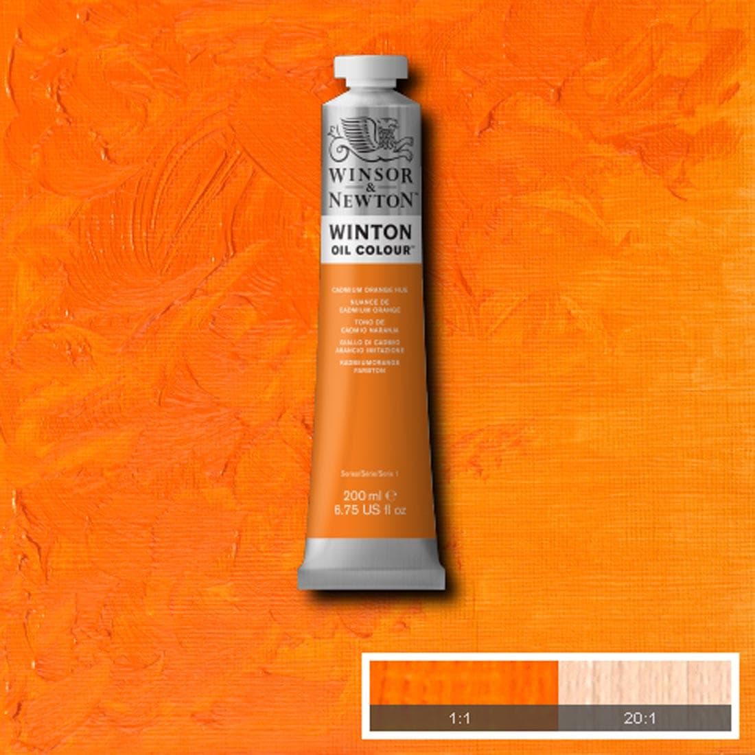 Tube of Cadmium Orange Hue Winsor & Newton Winton Oil Colour with a paint swatch for the background